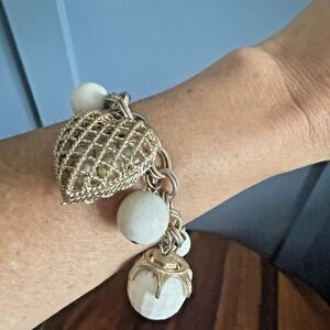 Vintage Charm Bracelet Gold Tone White Resin Hearts Locket  7.5" Purse Charm